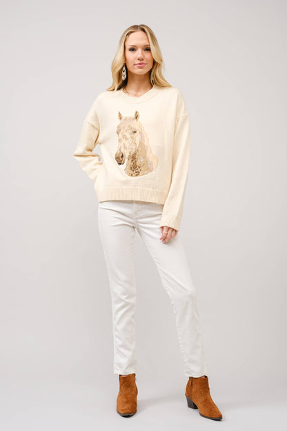 Embroidered Horse Crew Neck Sweater