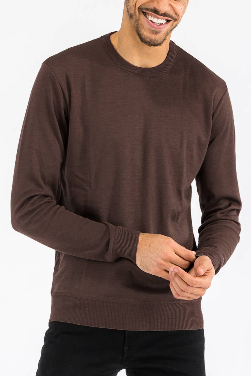 Coffee Solid Round Neck Knit Sweater - Brown