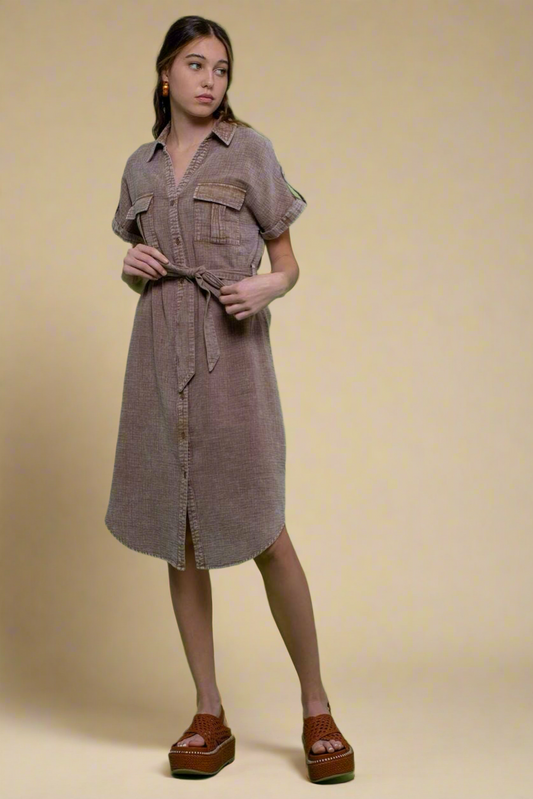 Olivia Mocha Washed Button Down Midi Dress