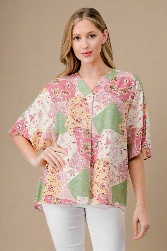 Aria Short Sleeve Oversized Top Green Patchwork Print