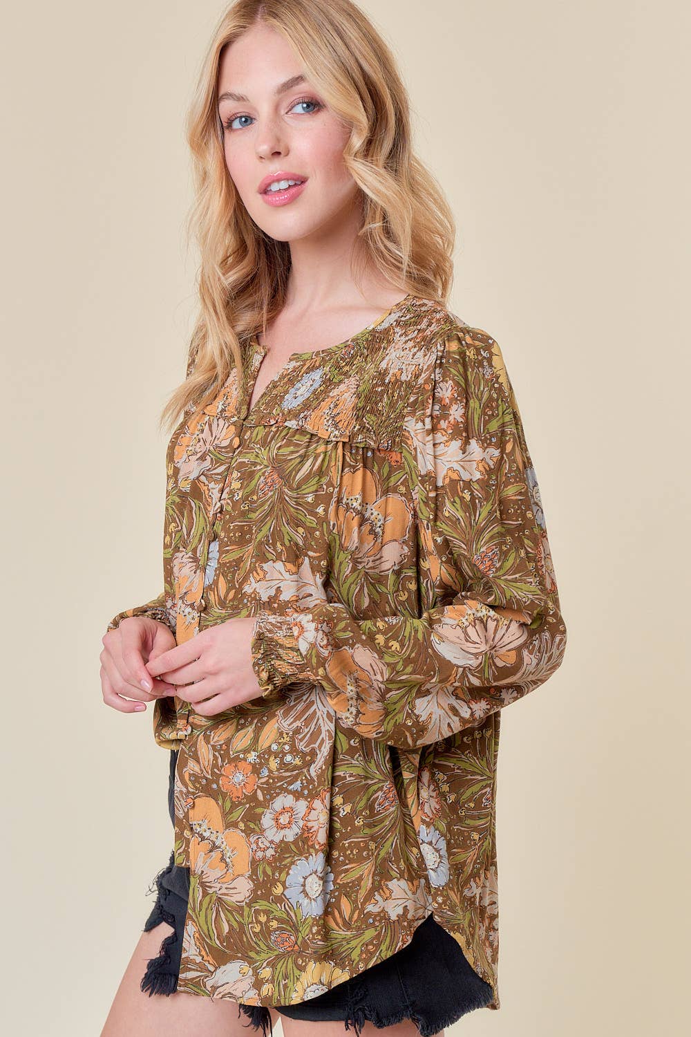 Meadows Long Sleeve Blouse with Smocked Detail