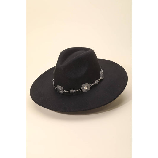 Concho Chain Strap Flat Brim Fedora Fashion Hat