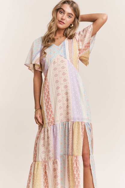 Patch-work V-neck Midi Dress: Dream Pastels