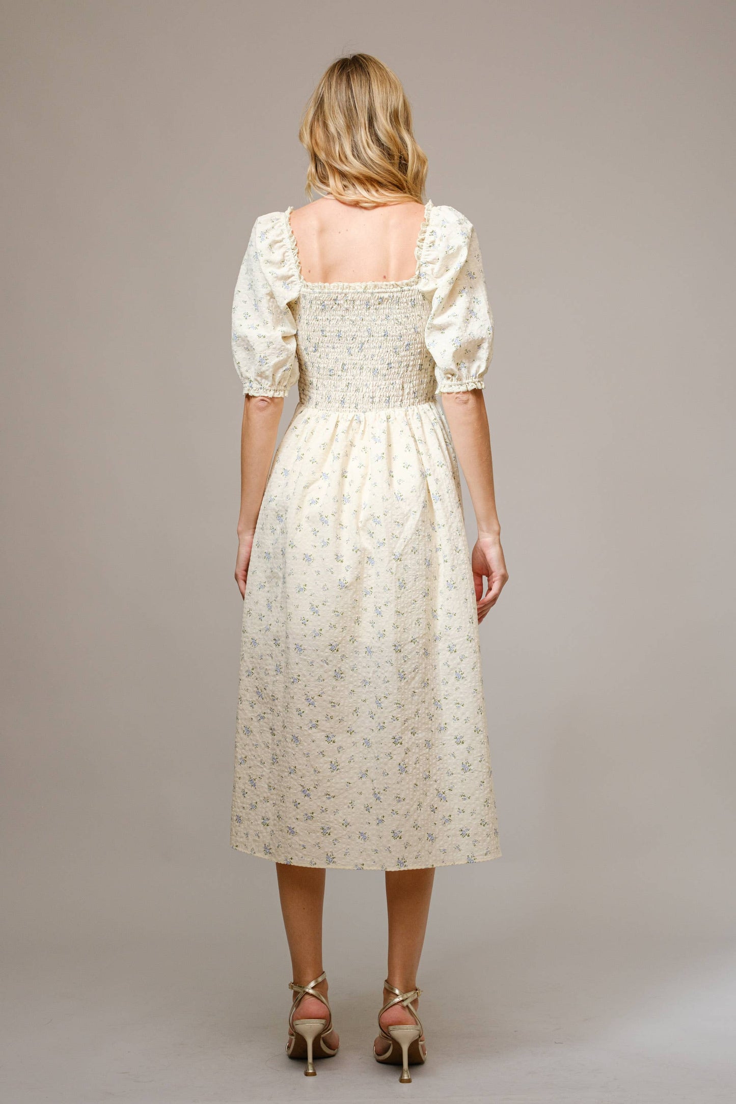 Ditsy Floral Smocked Square Neck Midi Dress