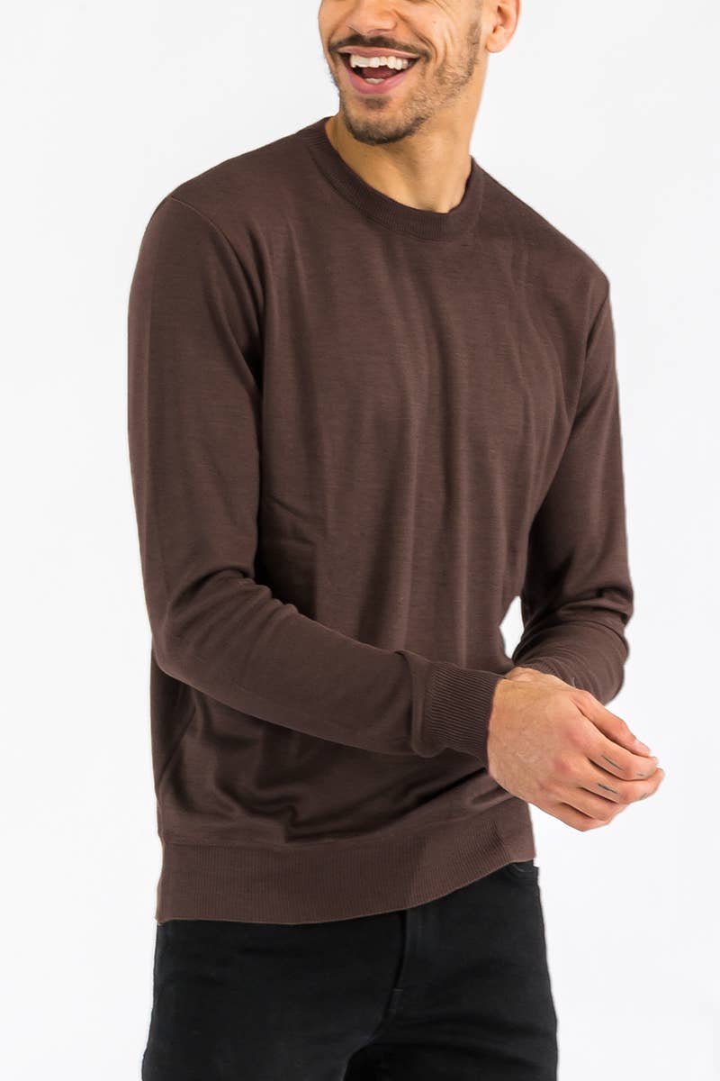 Coffee Solid Round Neck Knit Sweater - Brown