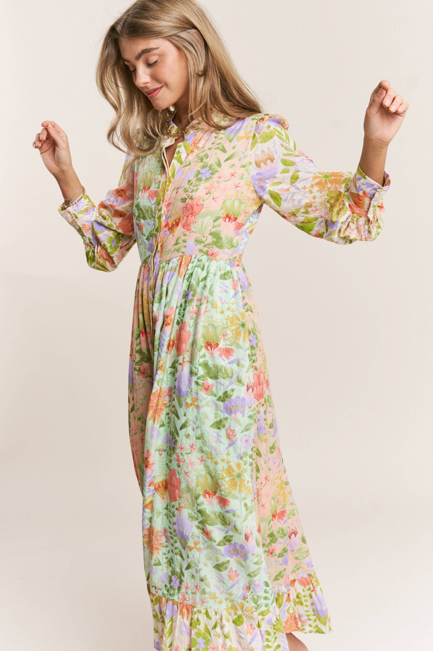 Floral Print Mandarin Neck Line Midi Dress: Garden Dream