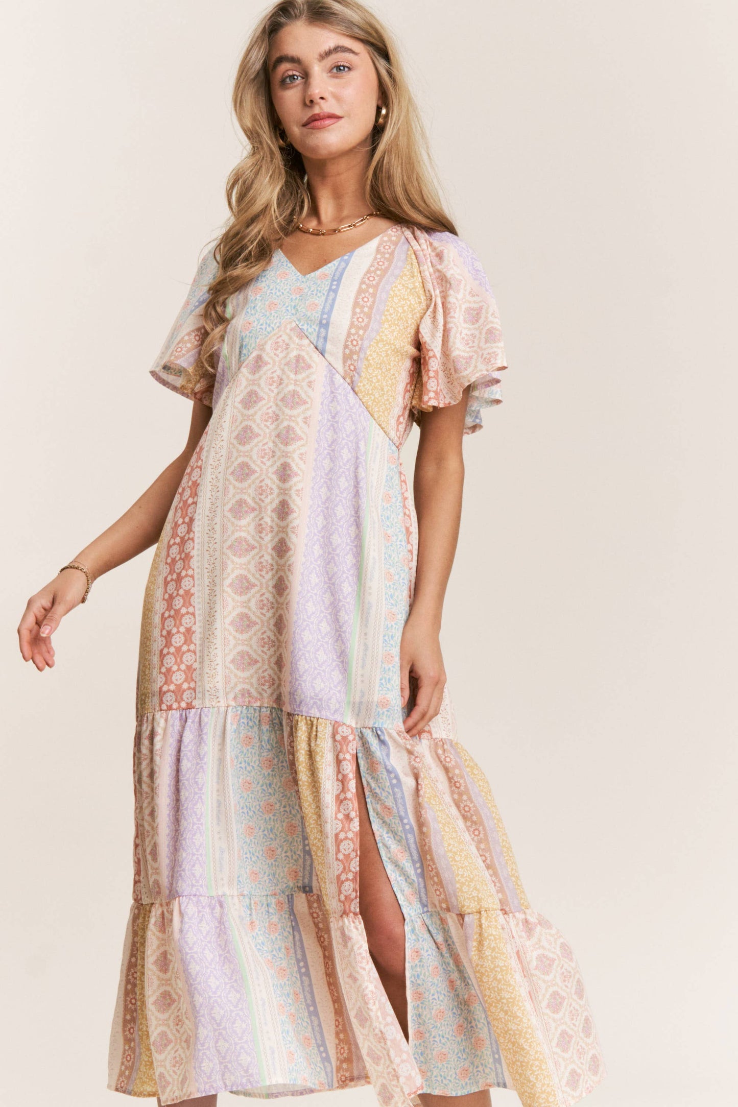 Patch-work V-neck Midi Dress: Dream Pastels