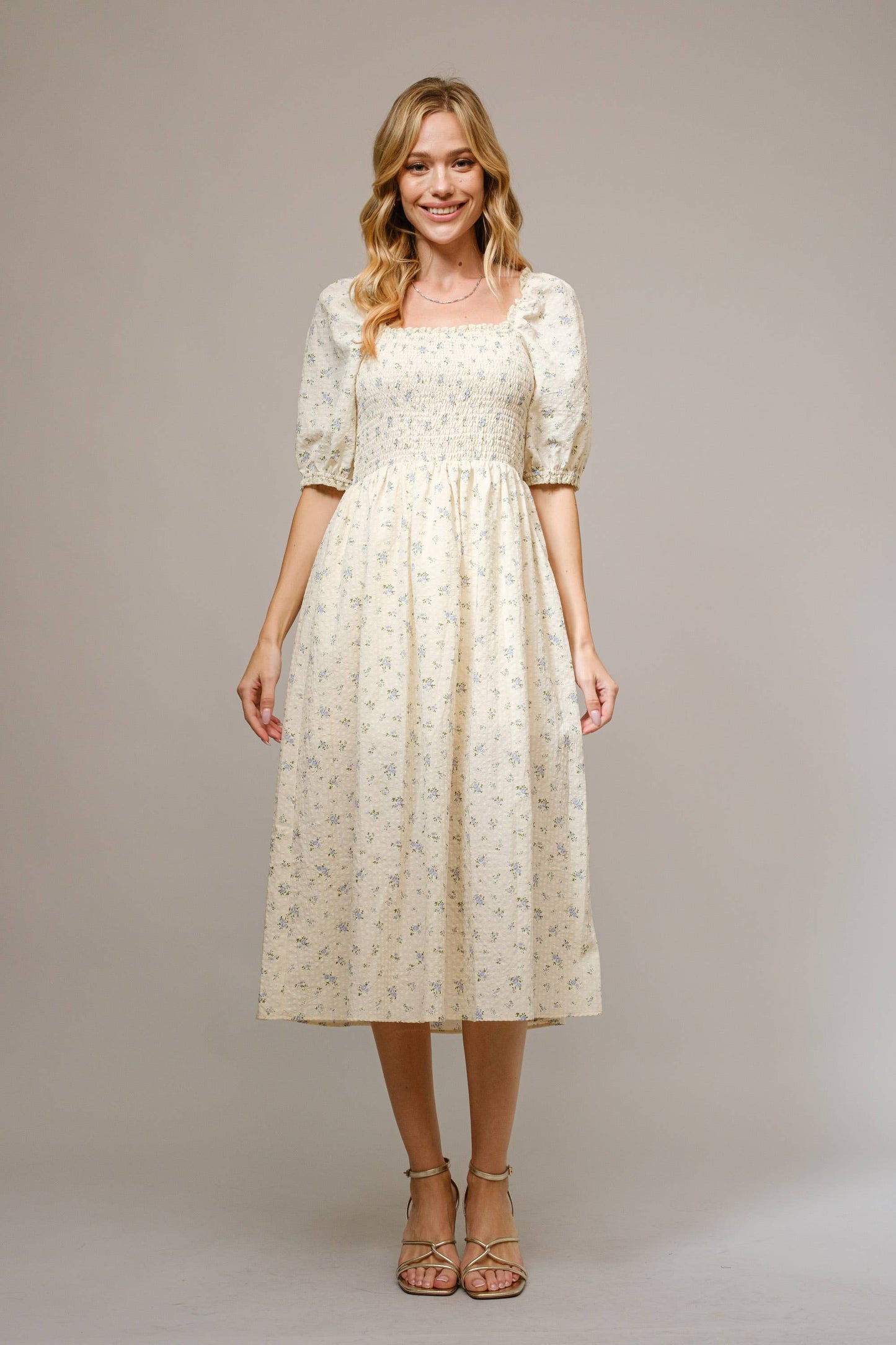 Ditsy Floral Smocked Square Neck Midi Dress