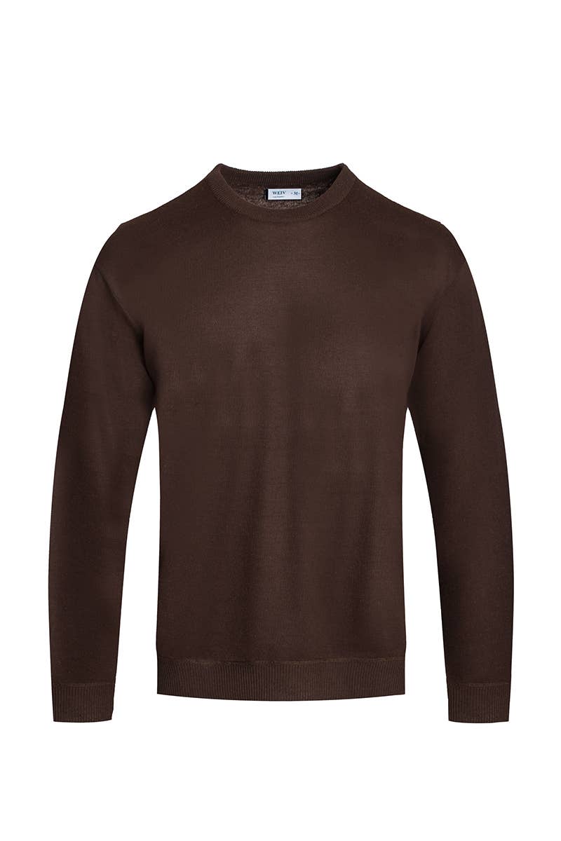 Coffee Solid Round Neck Knit Sweater - Brown