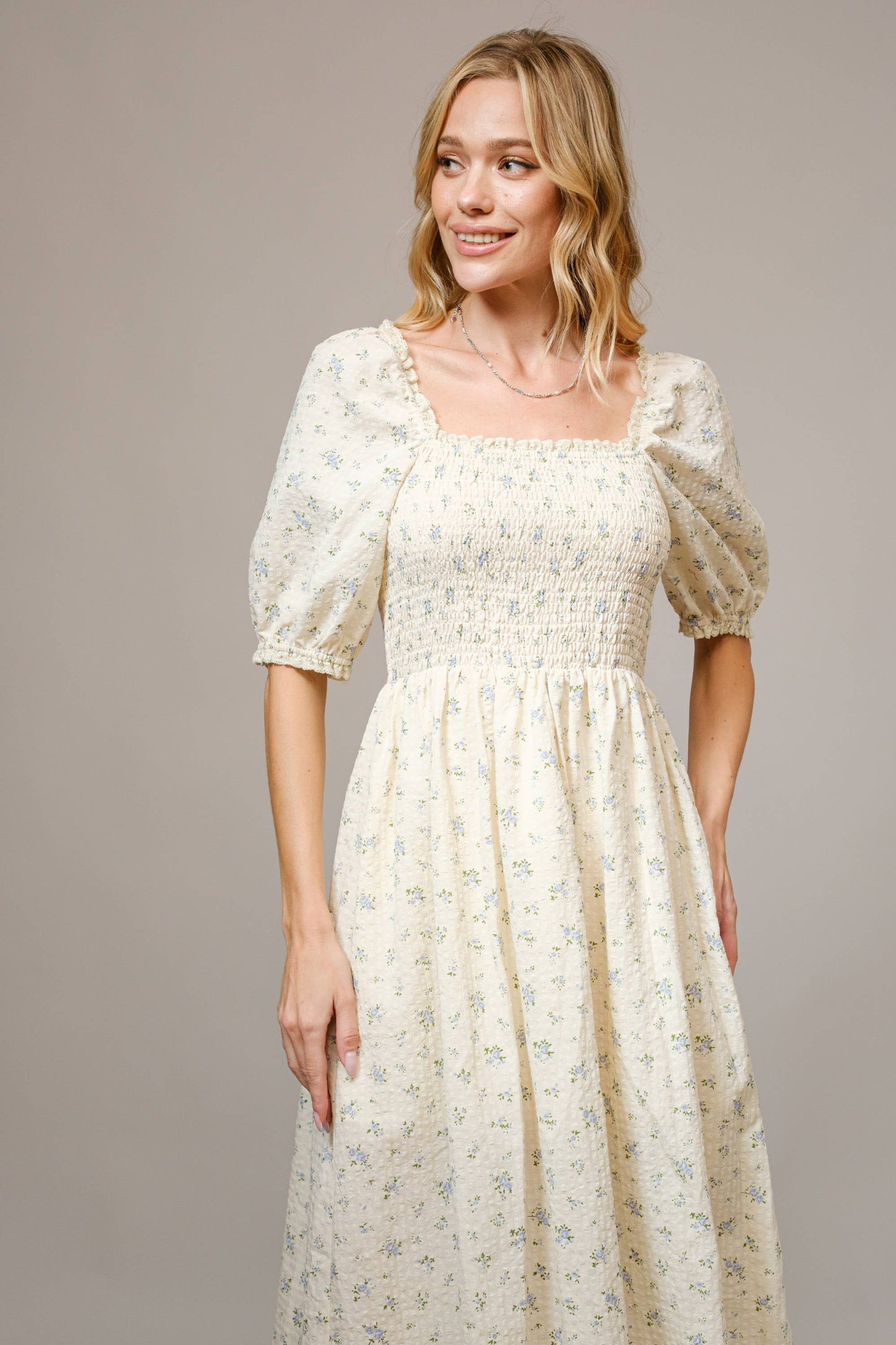 Ditsy Floral Smocked Square Neck Midi Dress