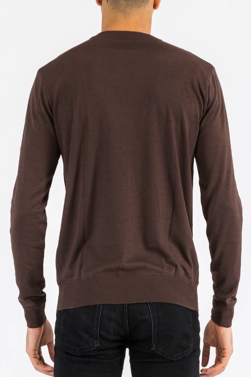 Coffee Solid Round Neck Knit Sweater - Brown