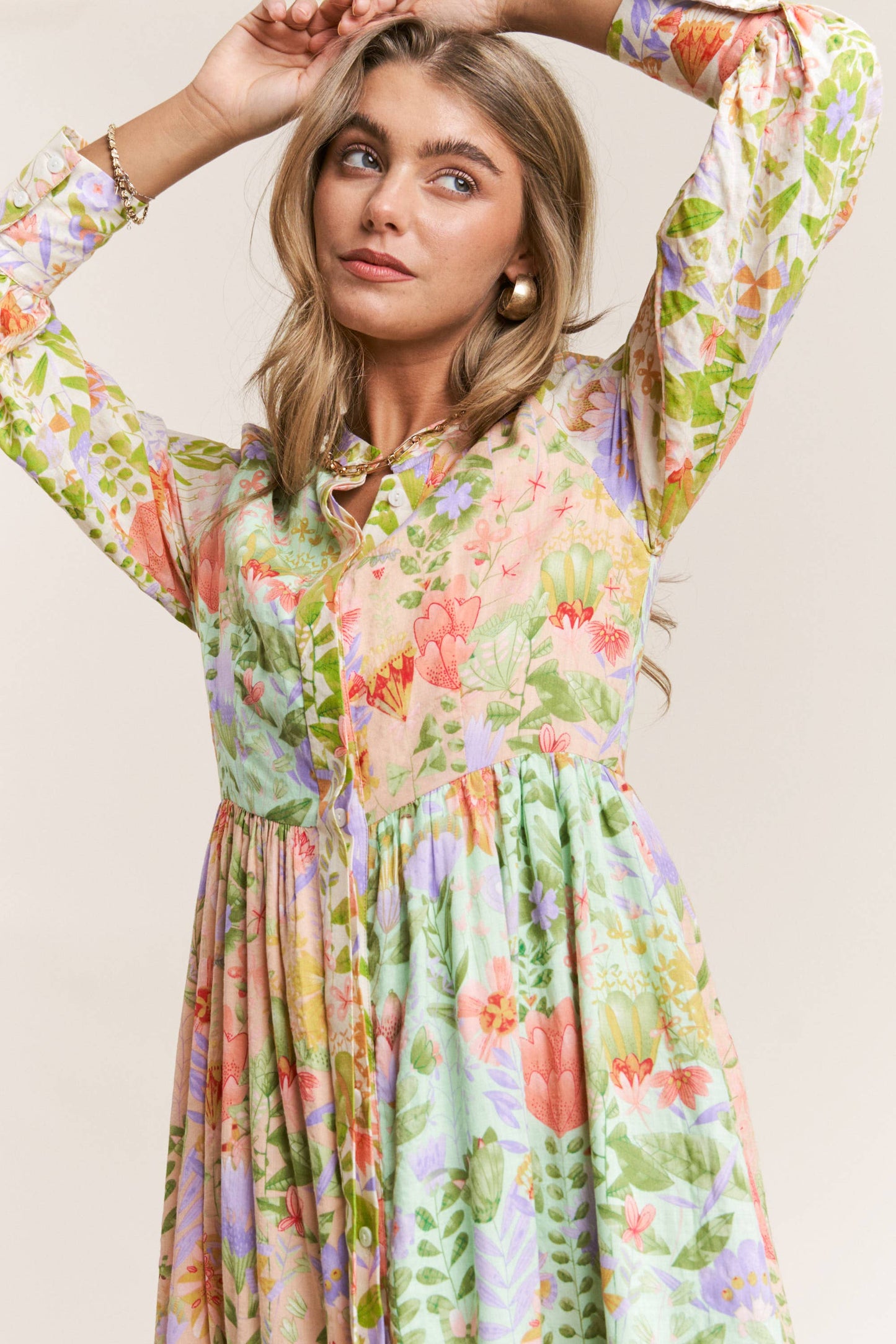 Floral Print Mandarin Neck Line Midi Dress: Garden Dream