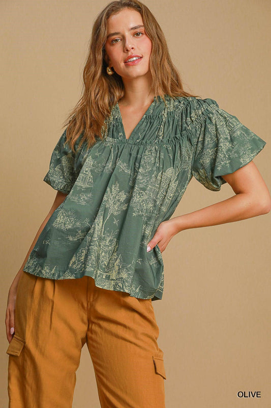 Olive Toile Print Top With Ruffles And Puff Sleeves