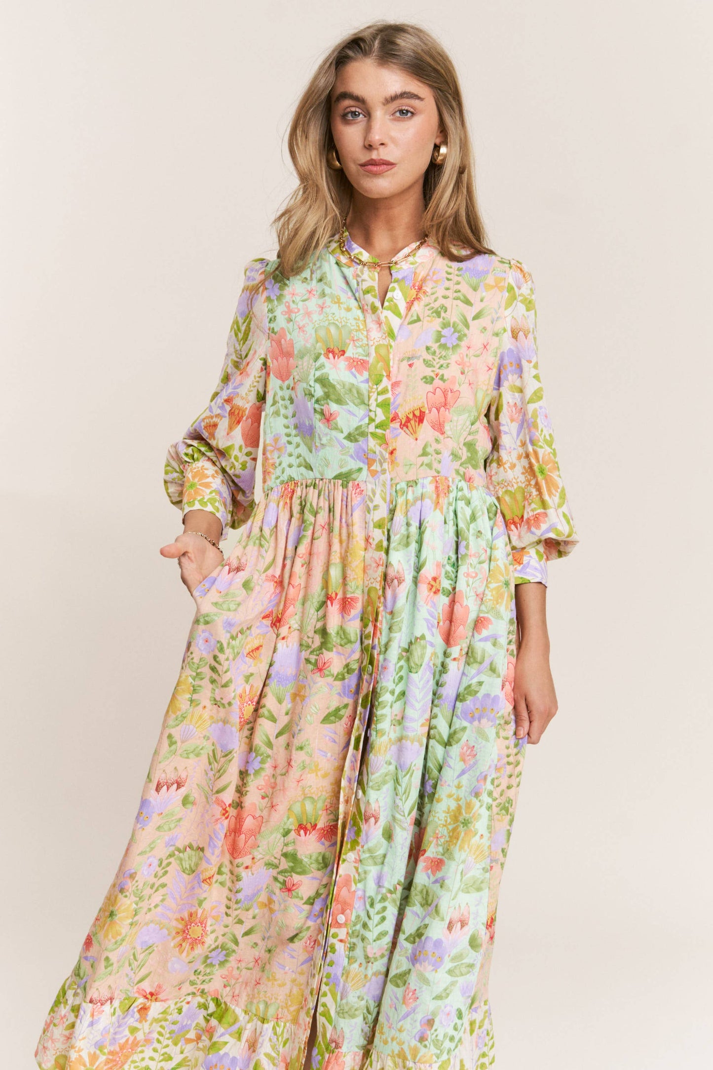 Floral Print Mandarin Neck Line Midi Dress: Garden Dream