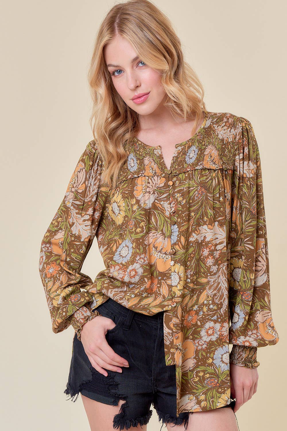 Meadows Long Sleeve Blouse with Smocked Detail