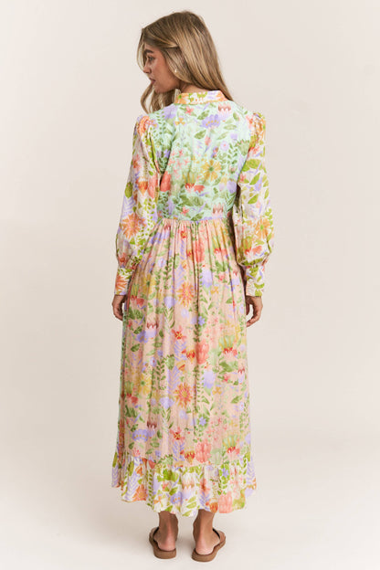 Floral Print Mandarin Neck Line Midi Dress: Garden Dream