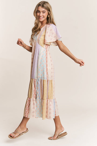 Patch-work V-neck Midi Dress: Dream Pastels