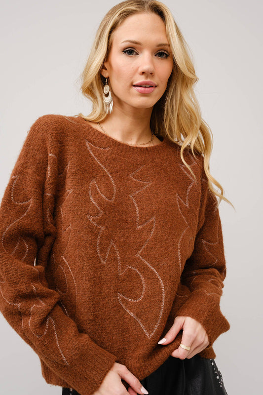 Western Boots Stitch Pattern Crew Neck Sweater