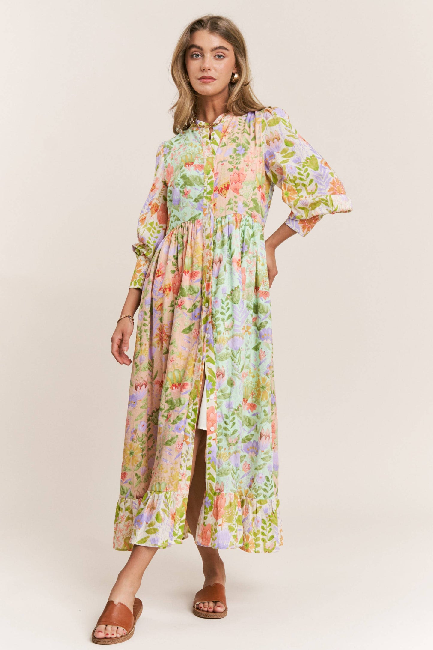 Floral Print Mandarin Neck Line Midi Dress: Garden Dream