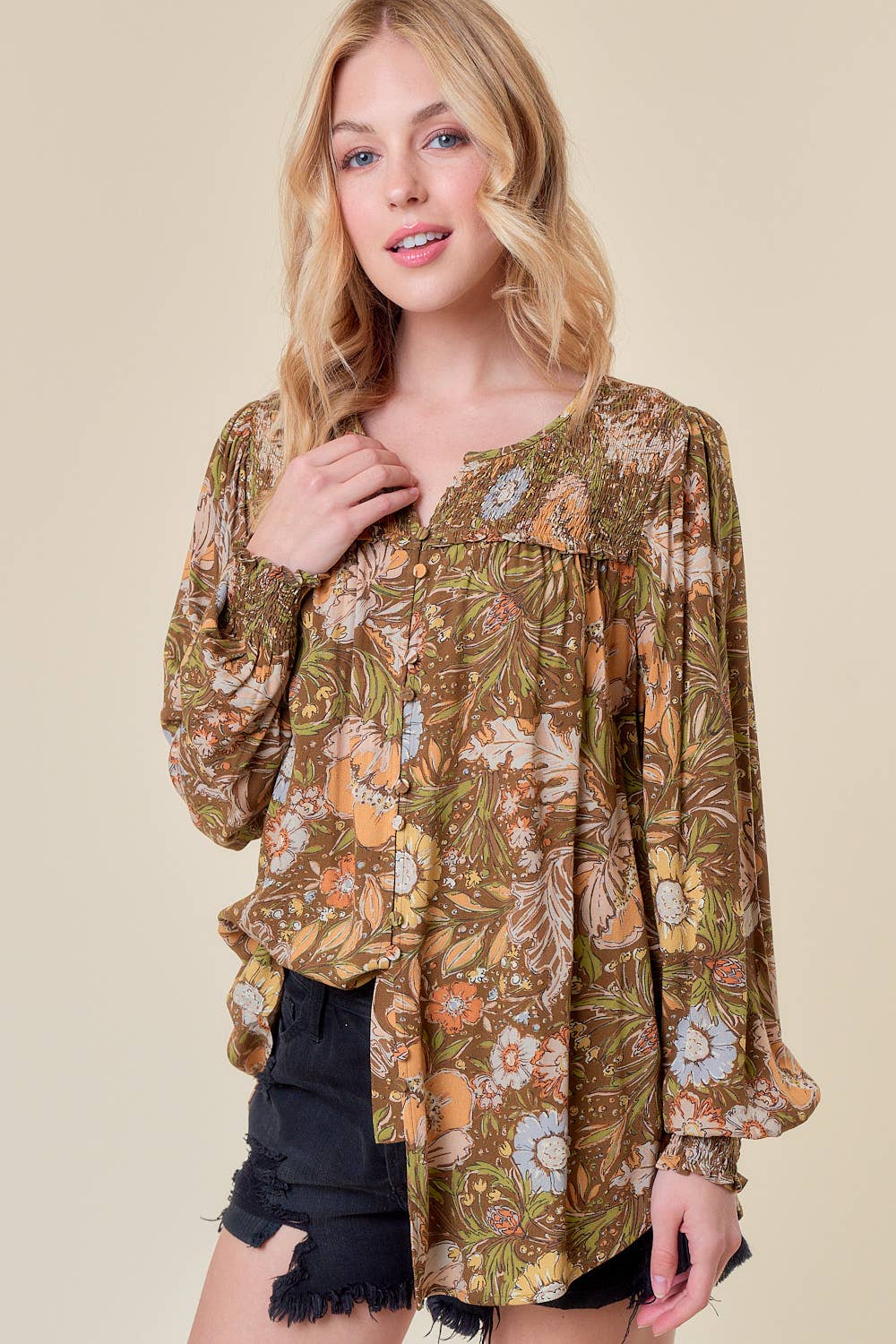 Meadows Long Sleeve Blouse with Smocked Detail