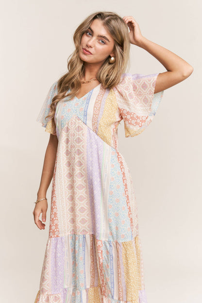 Patch-work V-neck Midi Dress: Dream Pastels