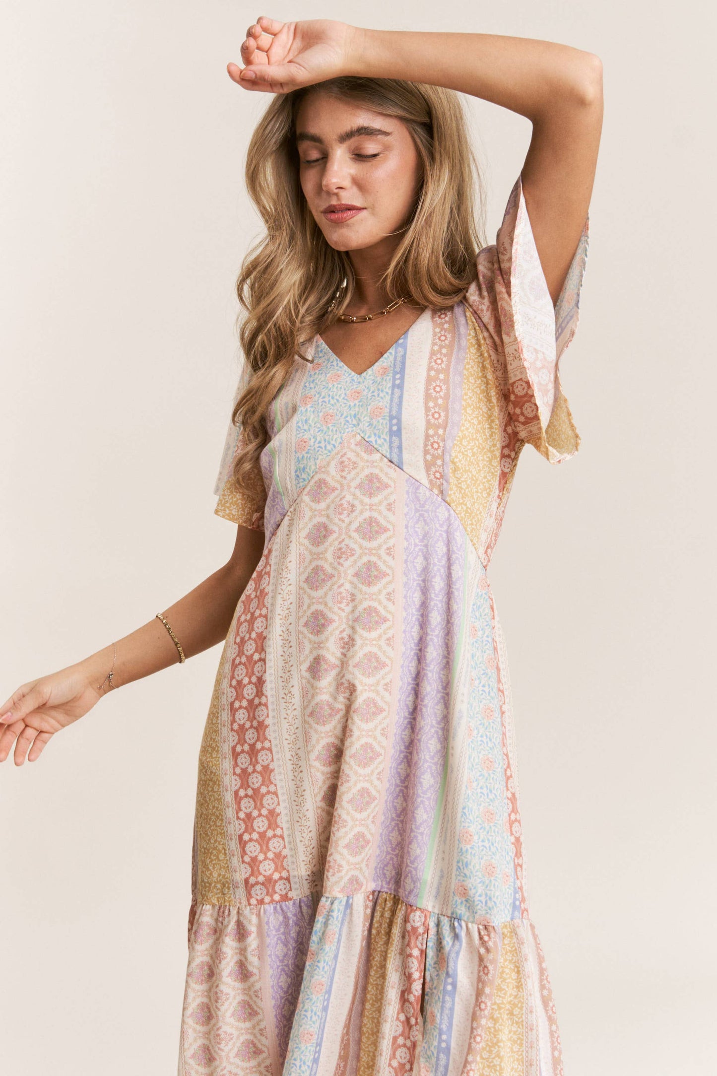 Patch-work V-neck Midi Dress: Dream Pastels