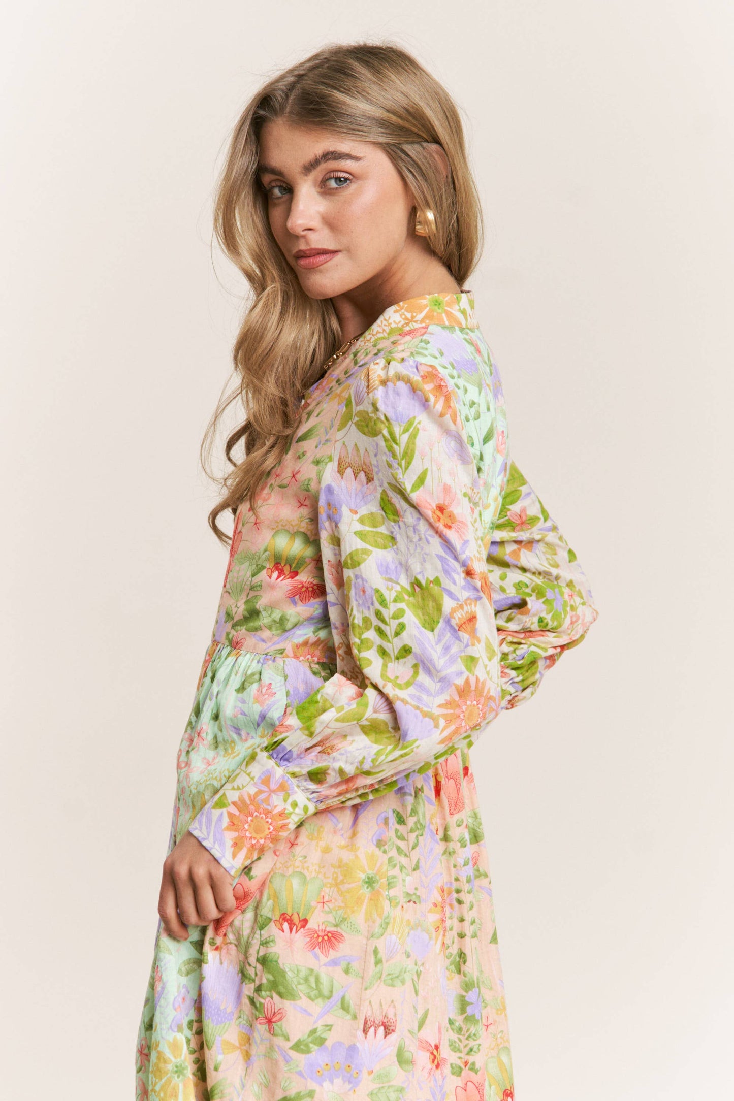 Floral Print Mandarin Neck Line Midi Dress: Garden Dream