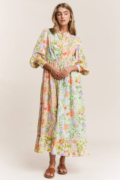 Floral Print Mandarin Neck Line Midi Dress: Garden Dream