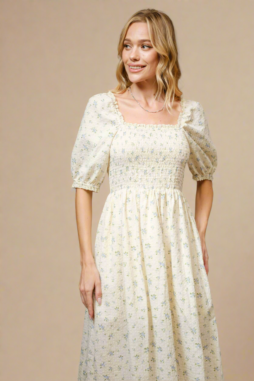 Ditsy Floral Smocked Square Neck Midi Dress