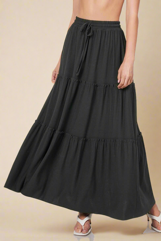 Winona Black Tiered Ruffle Raw Hem Maxi Skirt