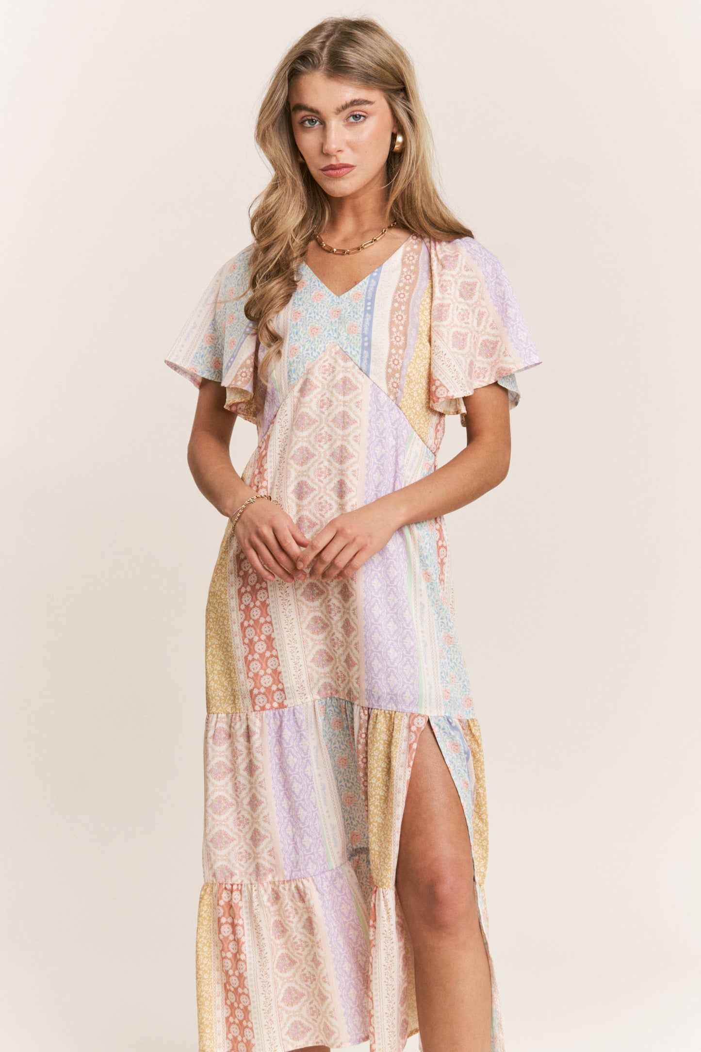 Patch-work V-neck Midi Dress: Dream Pastels