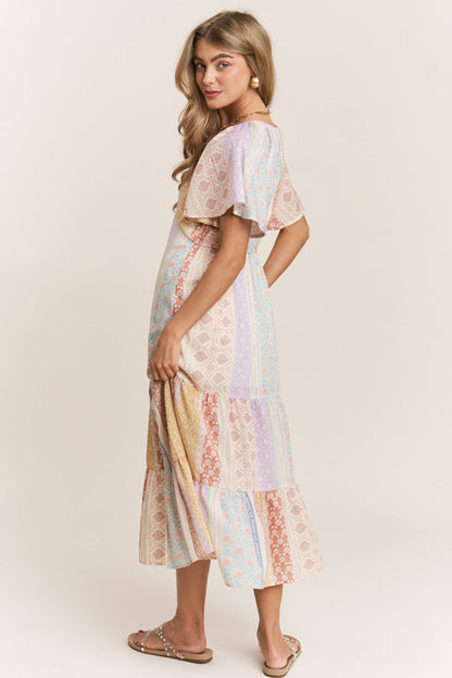 Patch-work V-neck Midi Dress: Dream Pastels