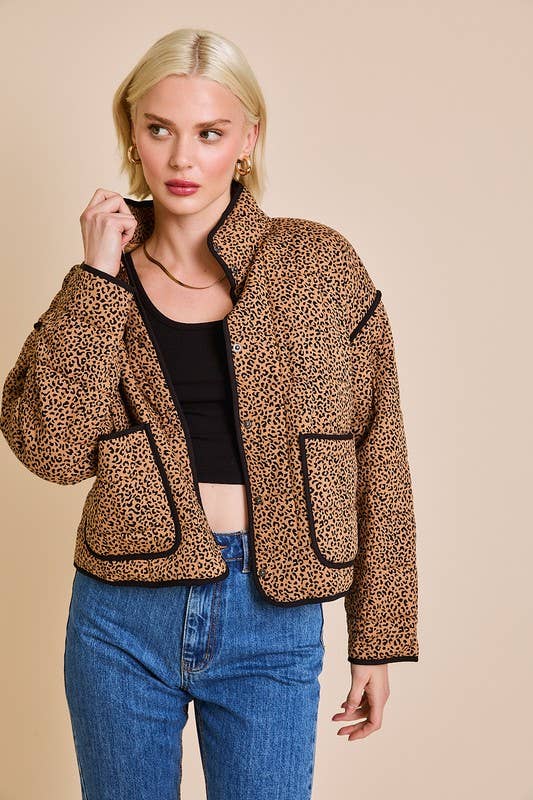 Lauren Leopard Drop Shoulder High Collared Quilt Jacket