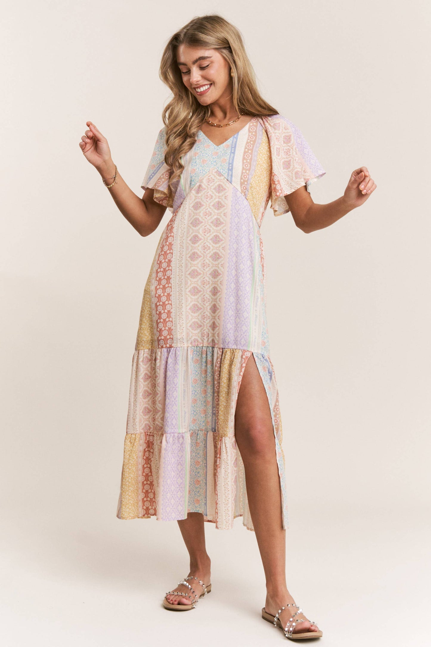 Patch-work V-neck Midi Dress: Dream Pastels