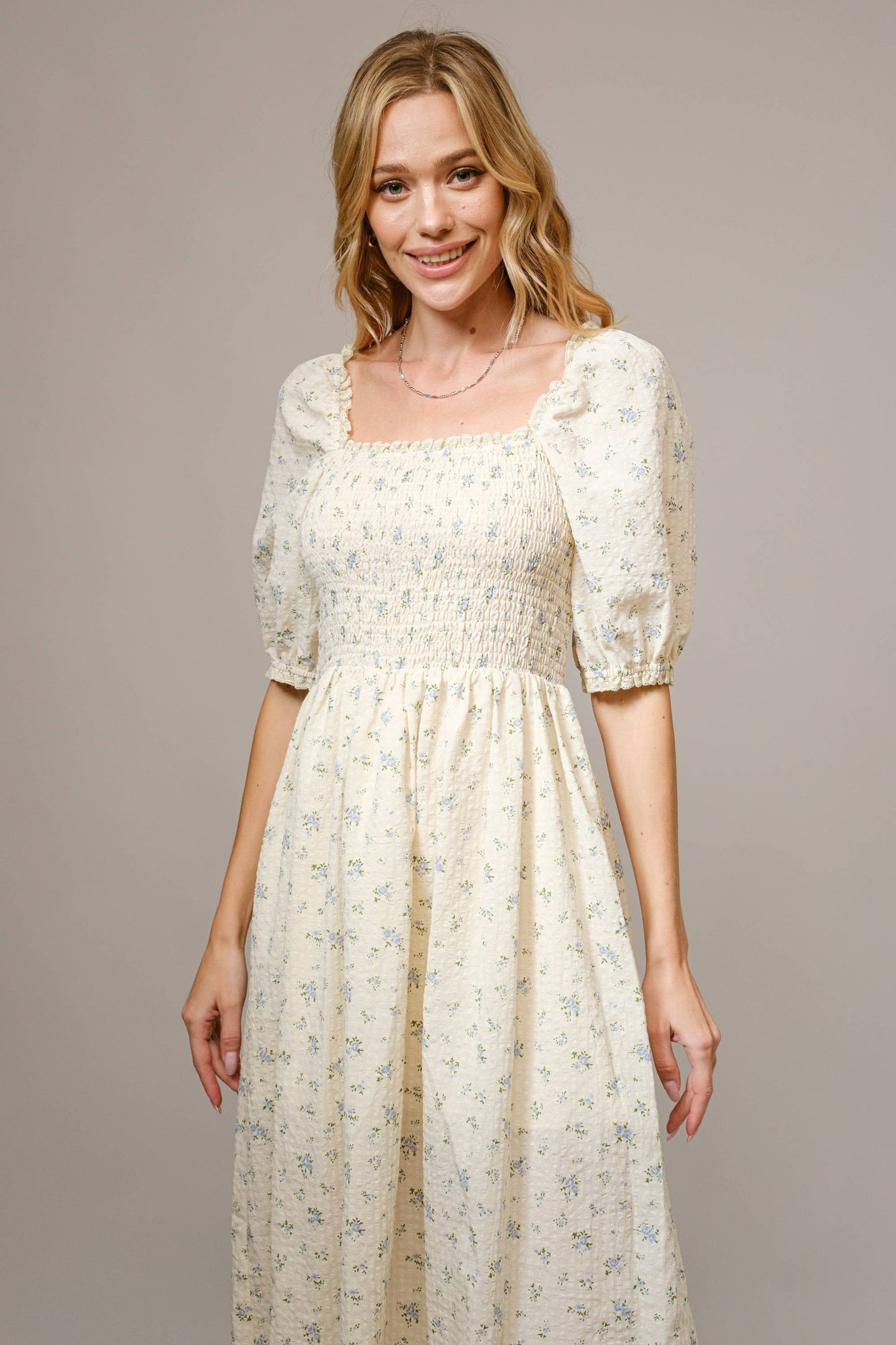 Ditsy Floral Smocked Square Neck Midi Dress