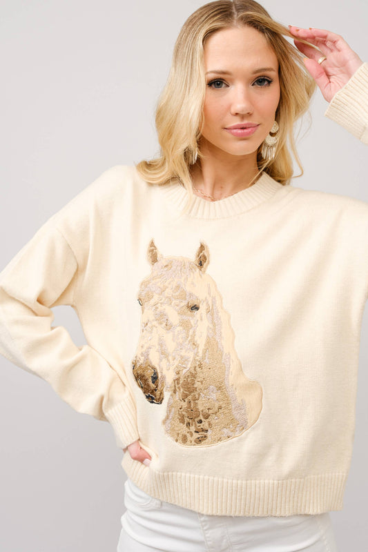 Embroidered Horse Crew Neck Sweater