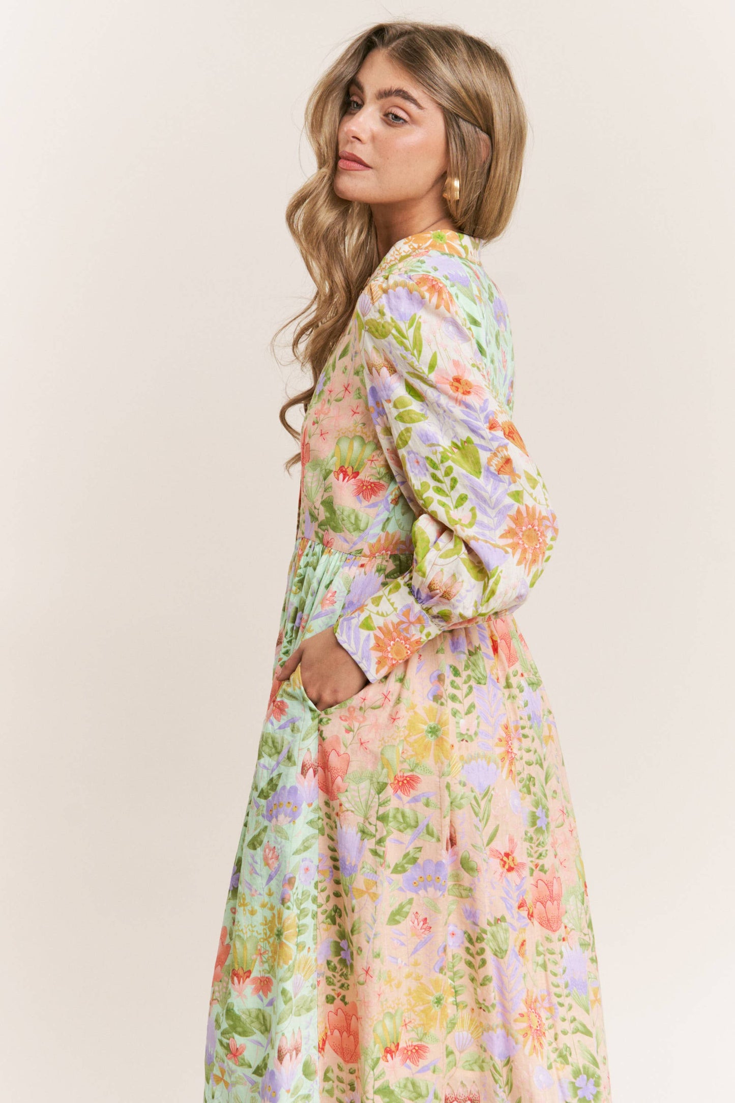 Floral Print Mandarin Neck Line Midi Dress: Garden Dream