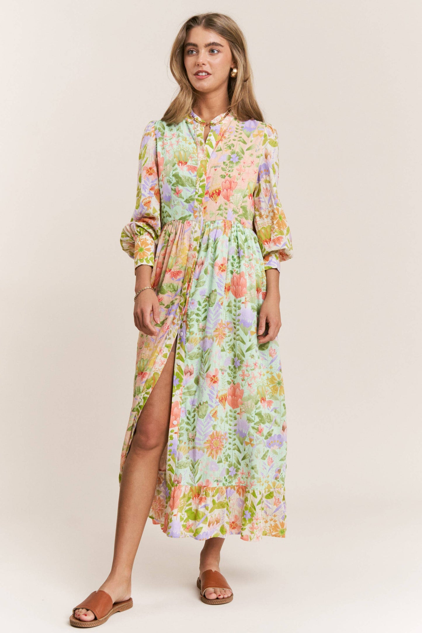 Floral Print Mandarin Neck Line Midi Dress: Garden Dream