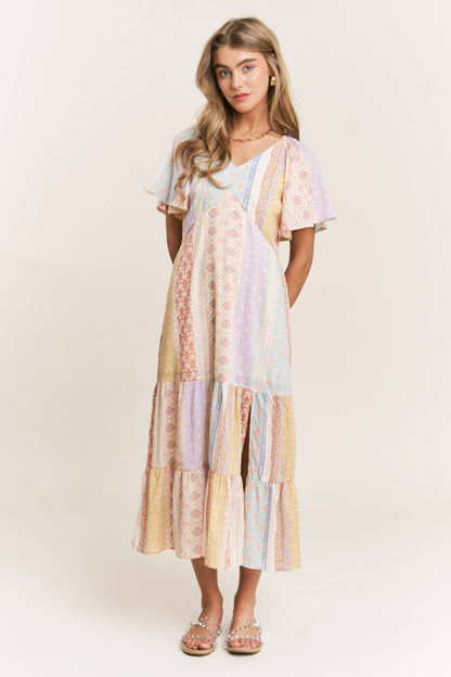 Patch-work V-neck Midi Dress: Dream Pastels