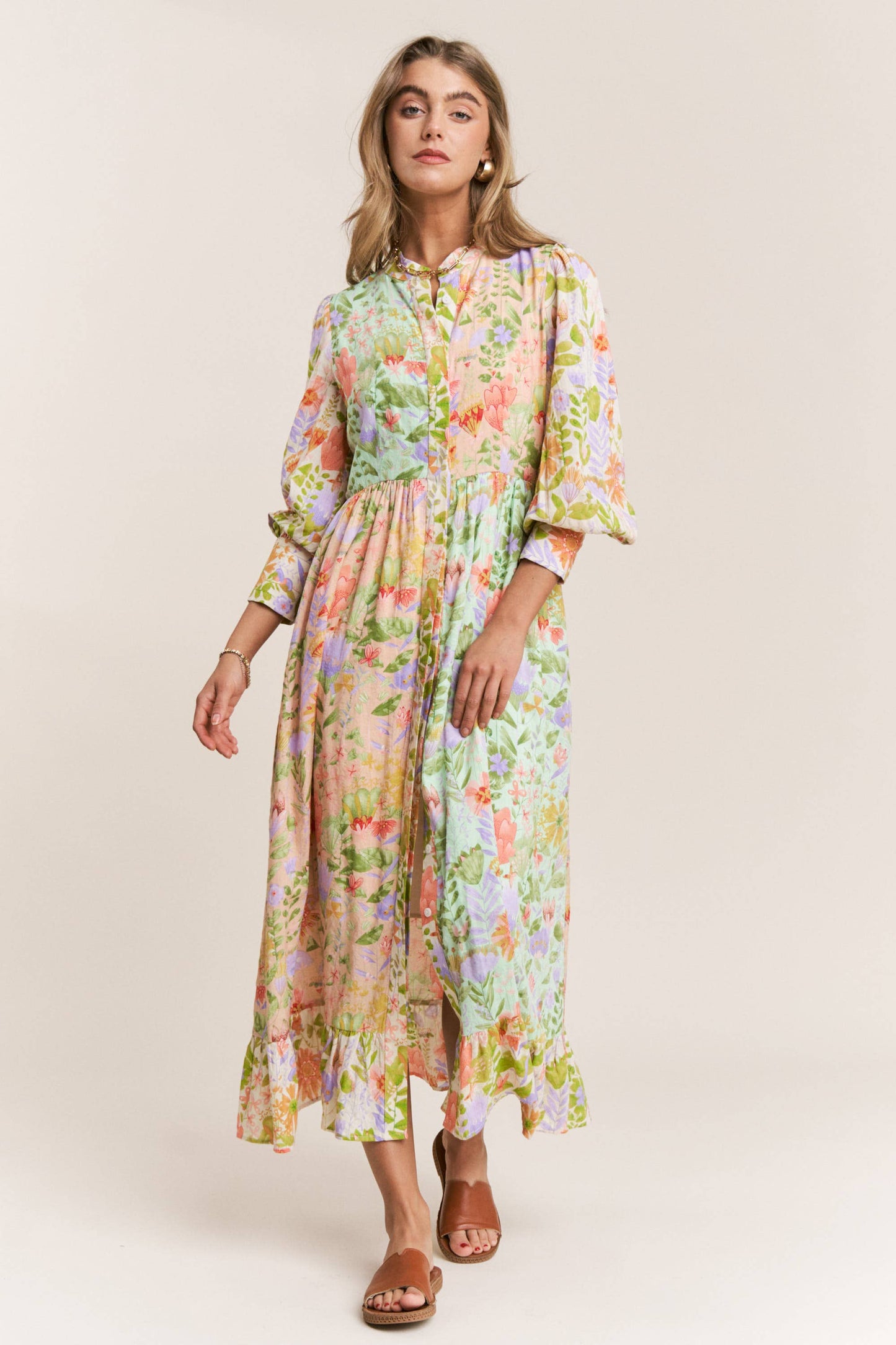 Floral Print Mandarin Neck Line Midi Dress: Garden Dream