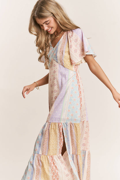 Patch-work V-neck Midi Dress: Dream Pastels