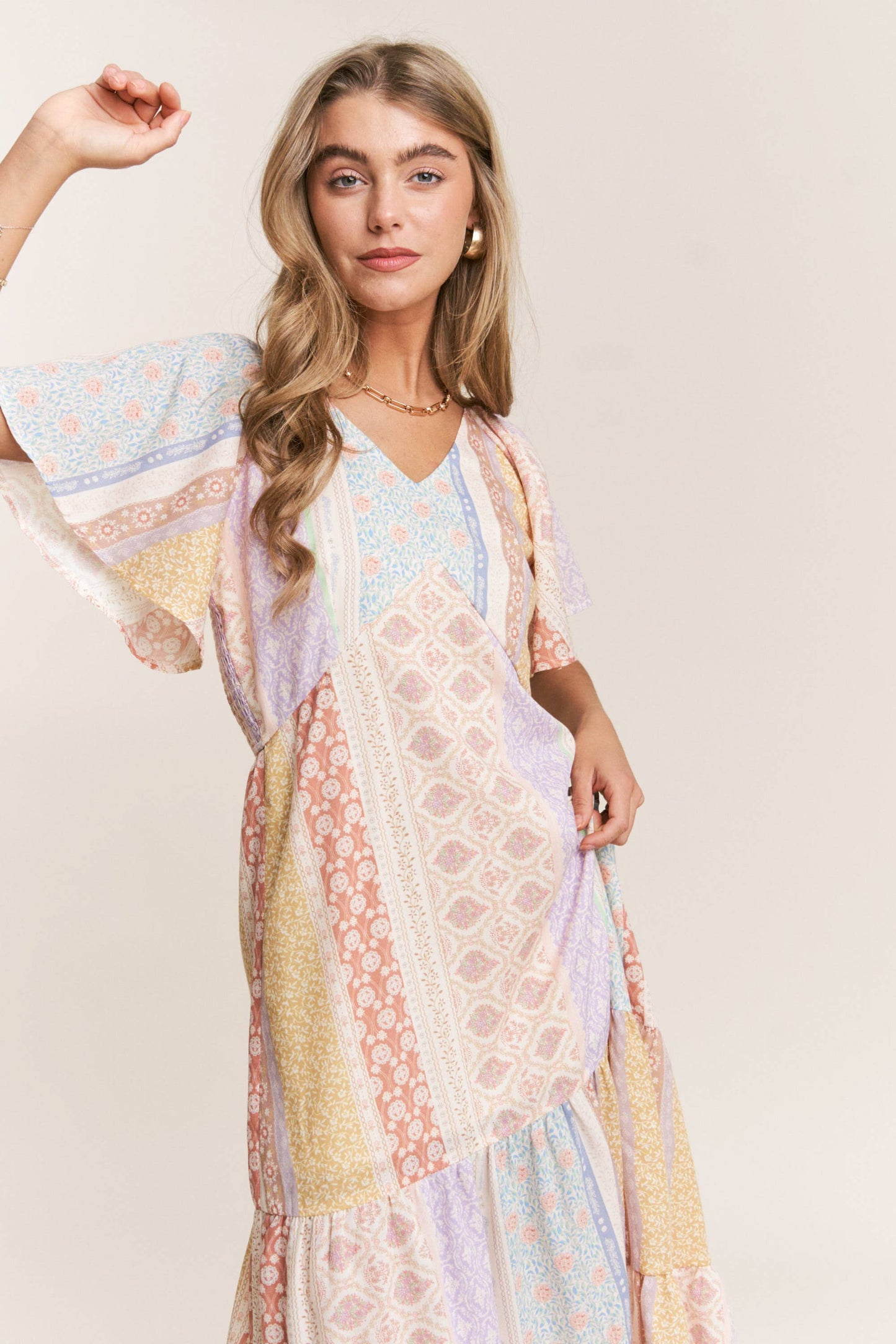 Patch-work V-neck Midi Dress: Dream Pastels